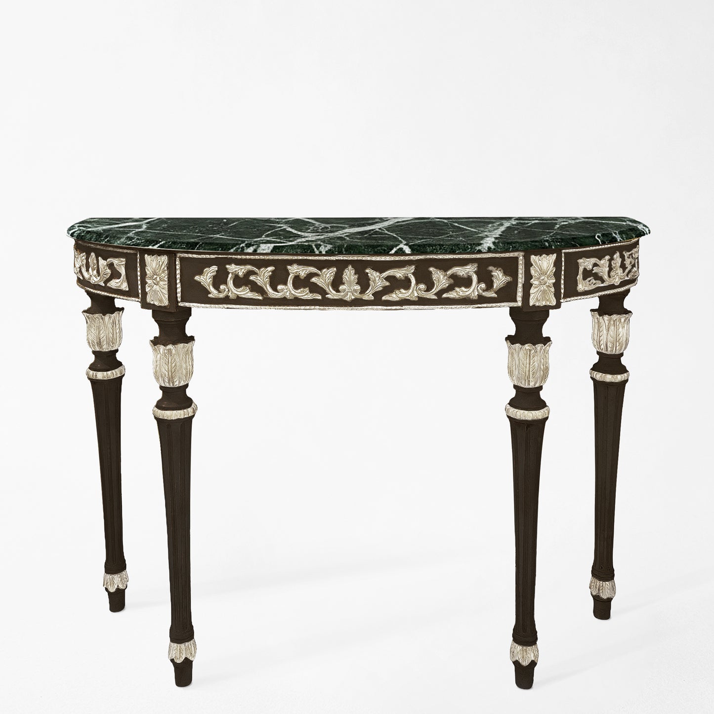 Traditional black Italian console table with silver details and green Verde Alpi marble top.