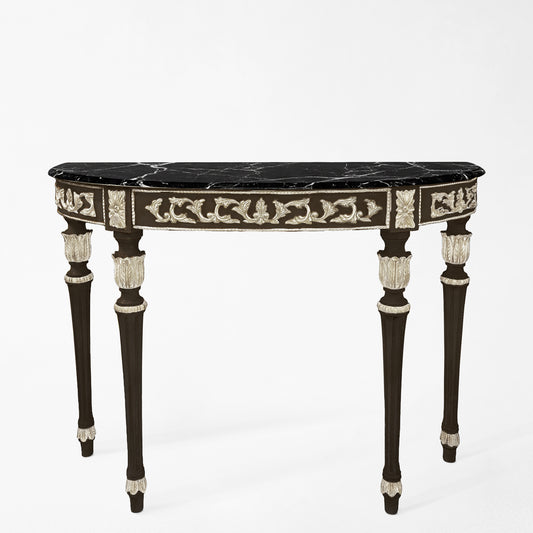 Traditional black console table with silver details and black Nero Marquina marble top.