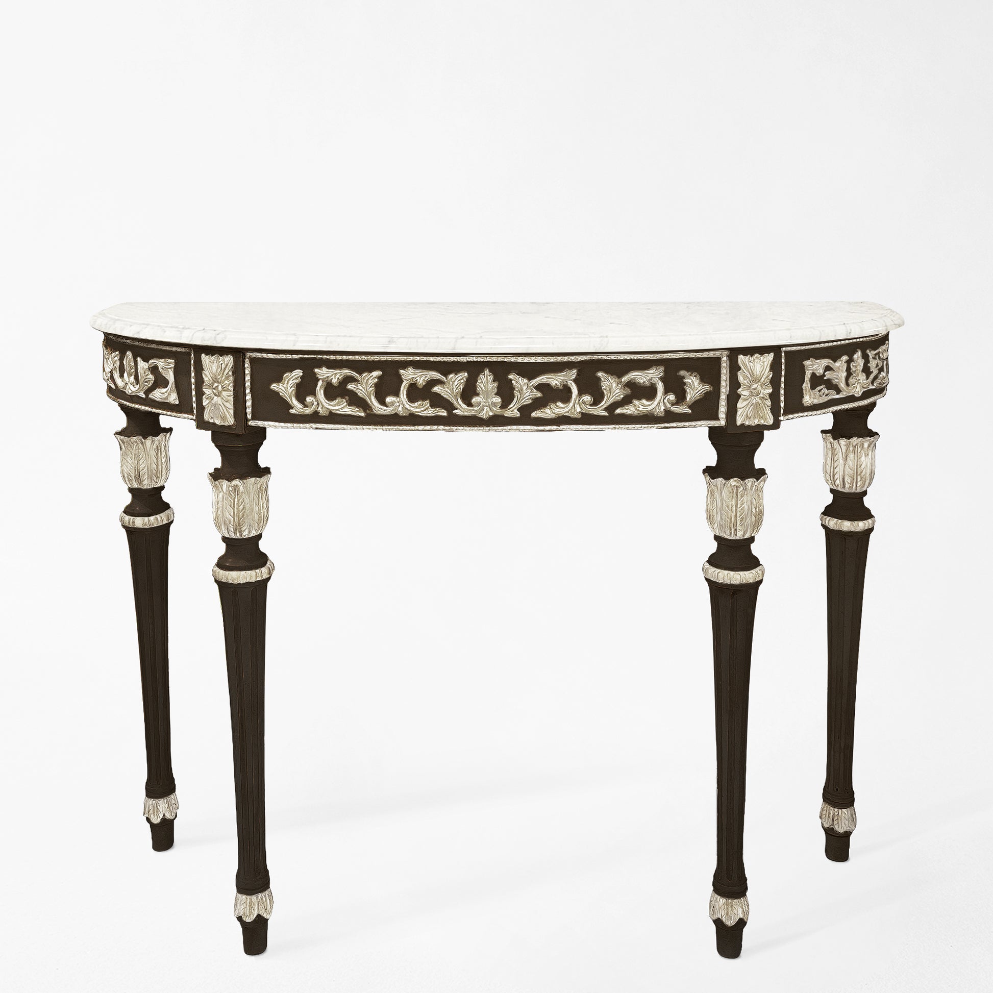 Traditional black console with silver details and white marble top.
