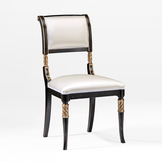 Black wood side chair with white fabric and silver leaf trim.