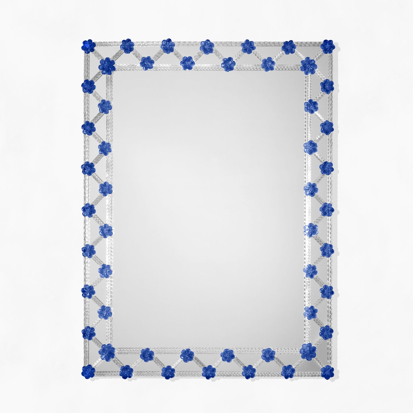 Murano glass mirror with blue floral accents.