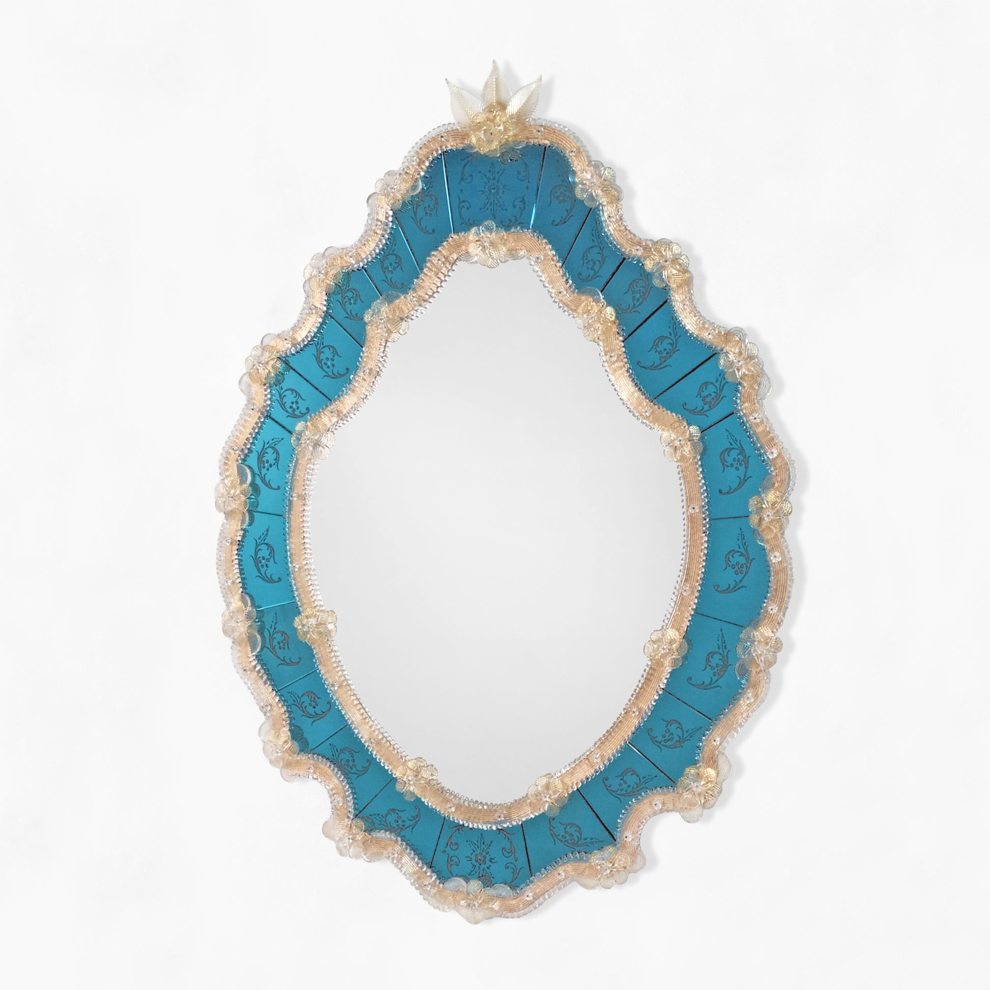 Blue Murano glass mirror with gold frame.