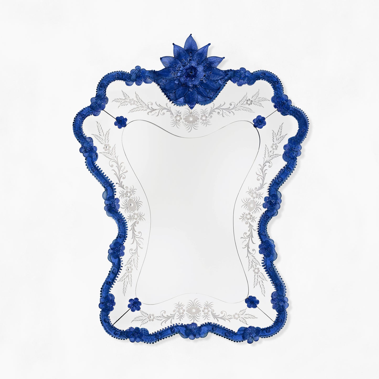 Traditional Murano glass mirror with dark blue decorations.