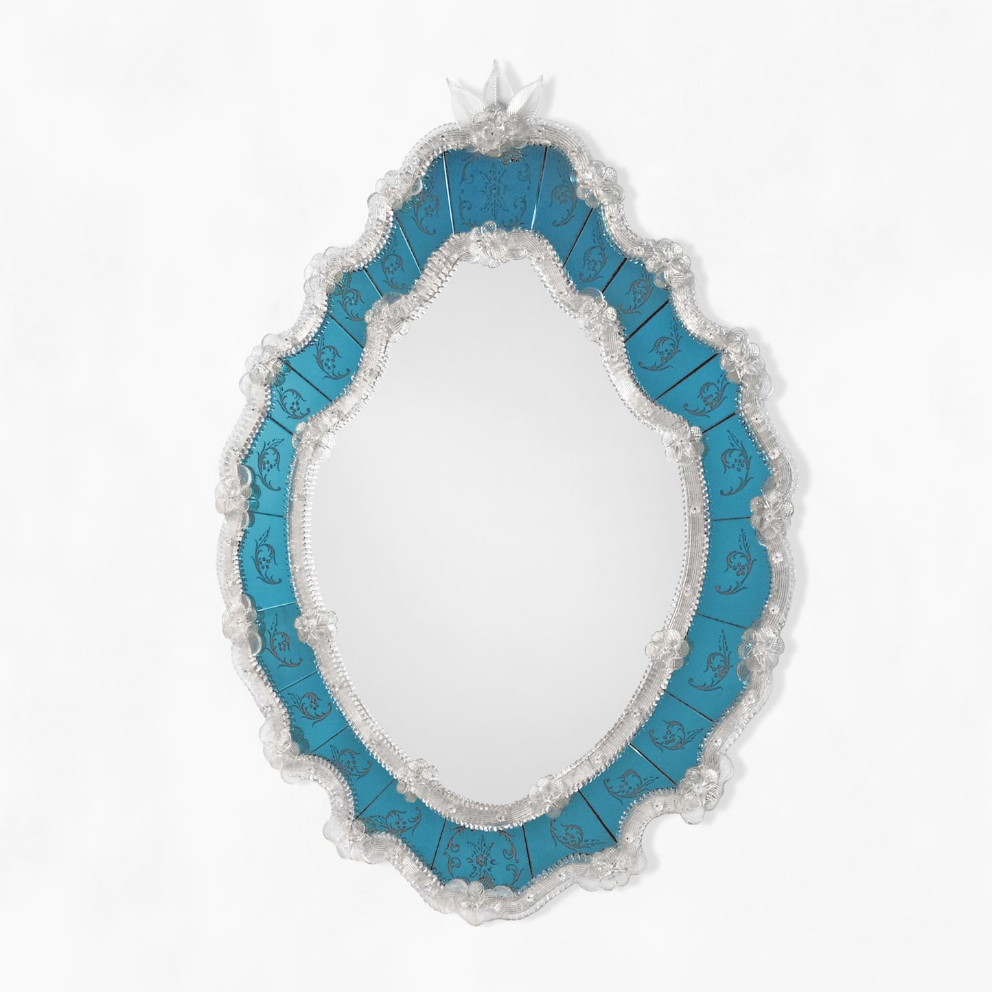 Blue Murano glass mirror with clear border.