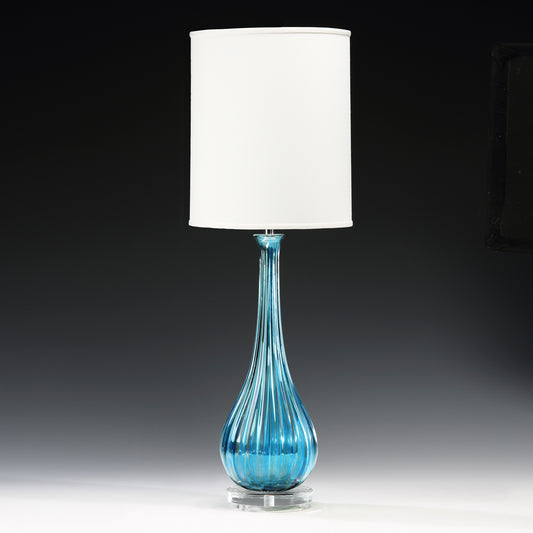 Aqua Venetian glass table lamp with polished nickel accent.