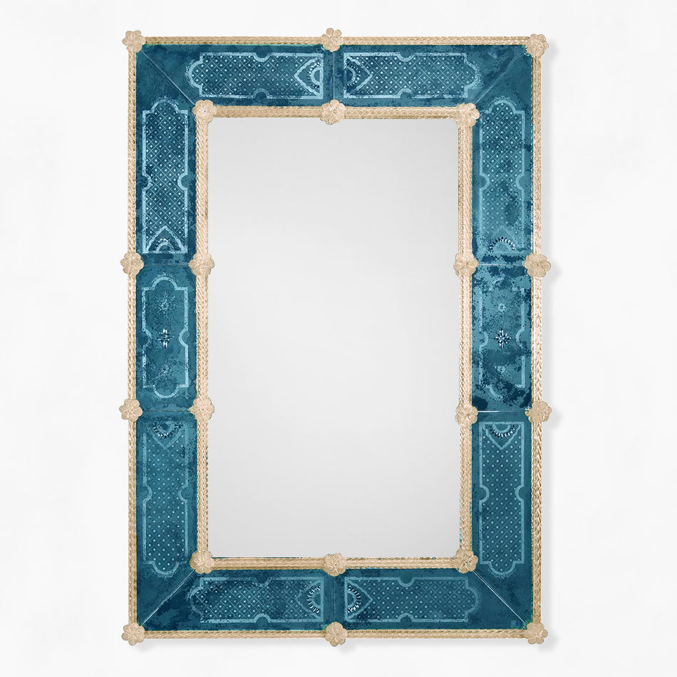 Blue rectangular Murano glass mirror with gold border.
