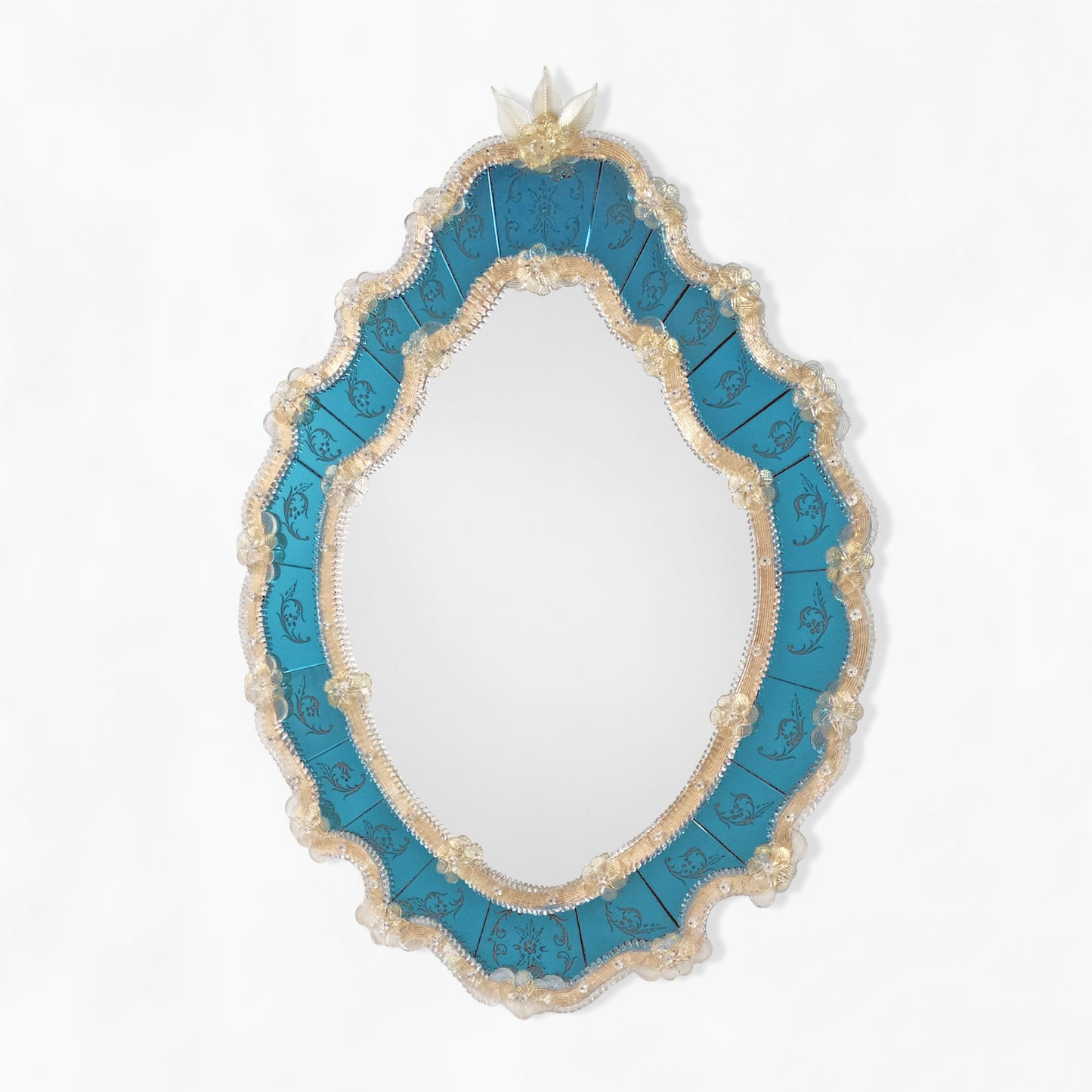 Blue Murano glass mirror with gold border.