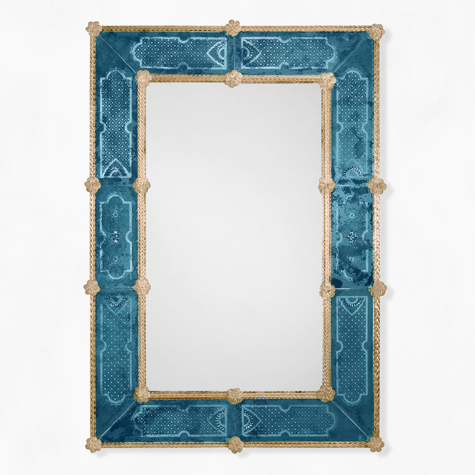 Rectangular blue Murano glass mirror with gold details.
