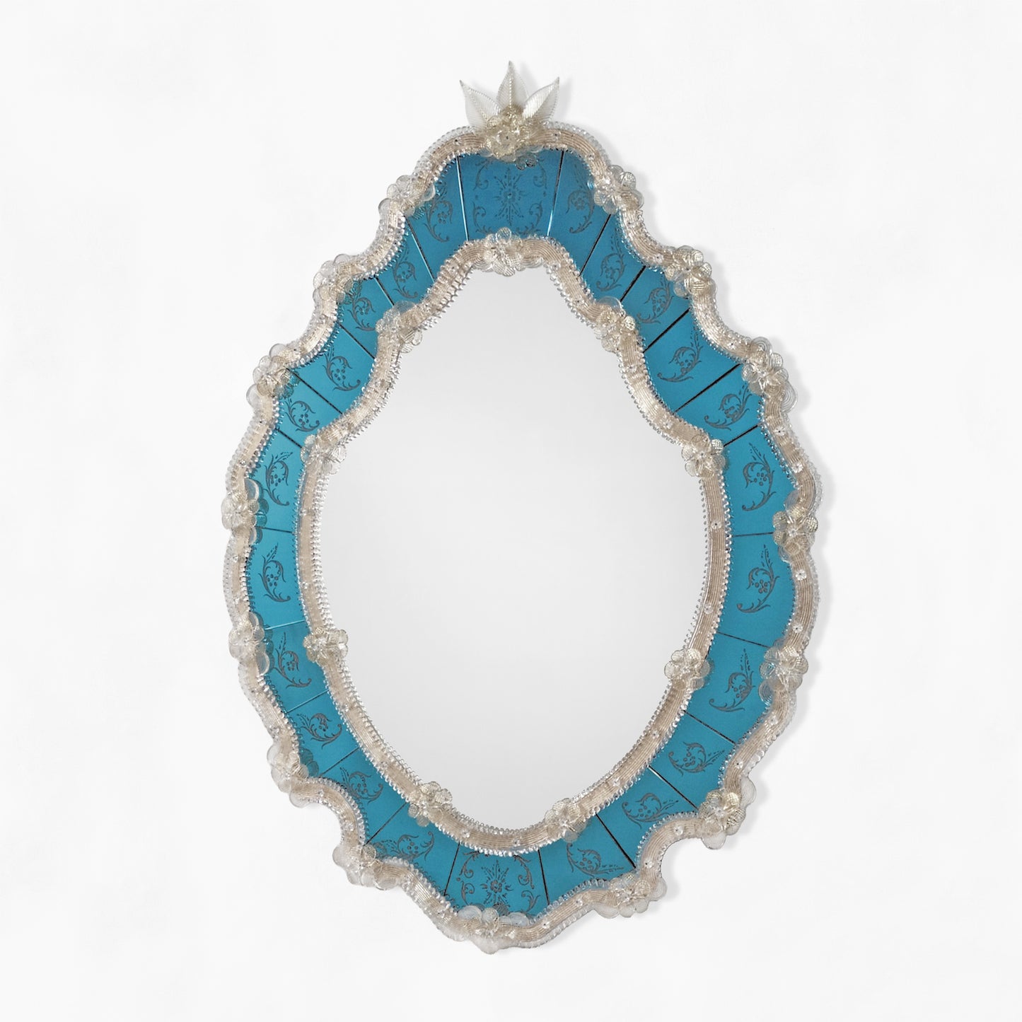 Blue Murano glass mirror with gray border .
