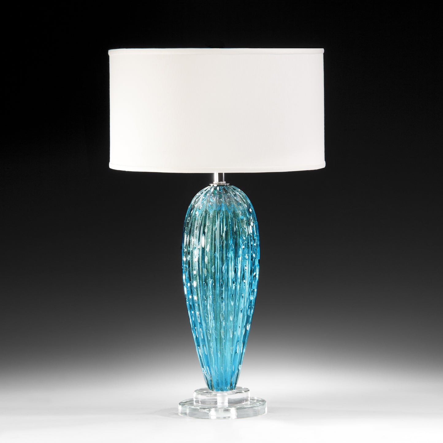 Aqua Venetian glass table lamp with polished nickel accent..
