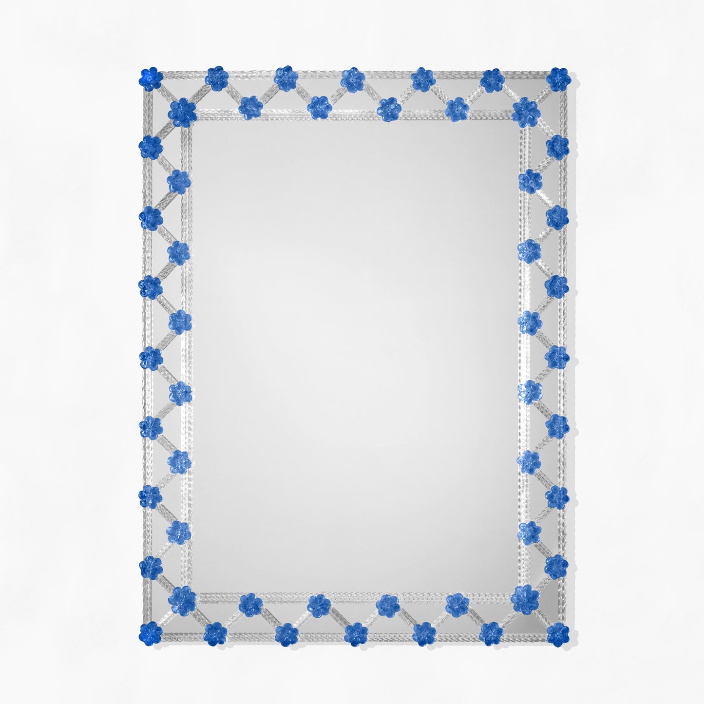 Murano glass mirror with blue floral accents.