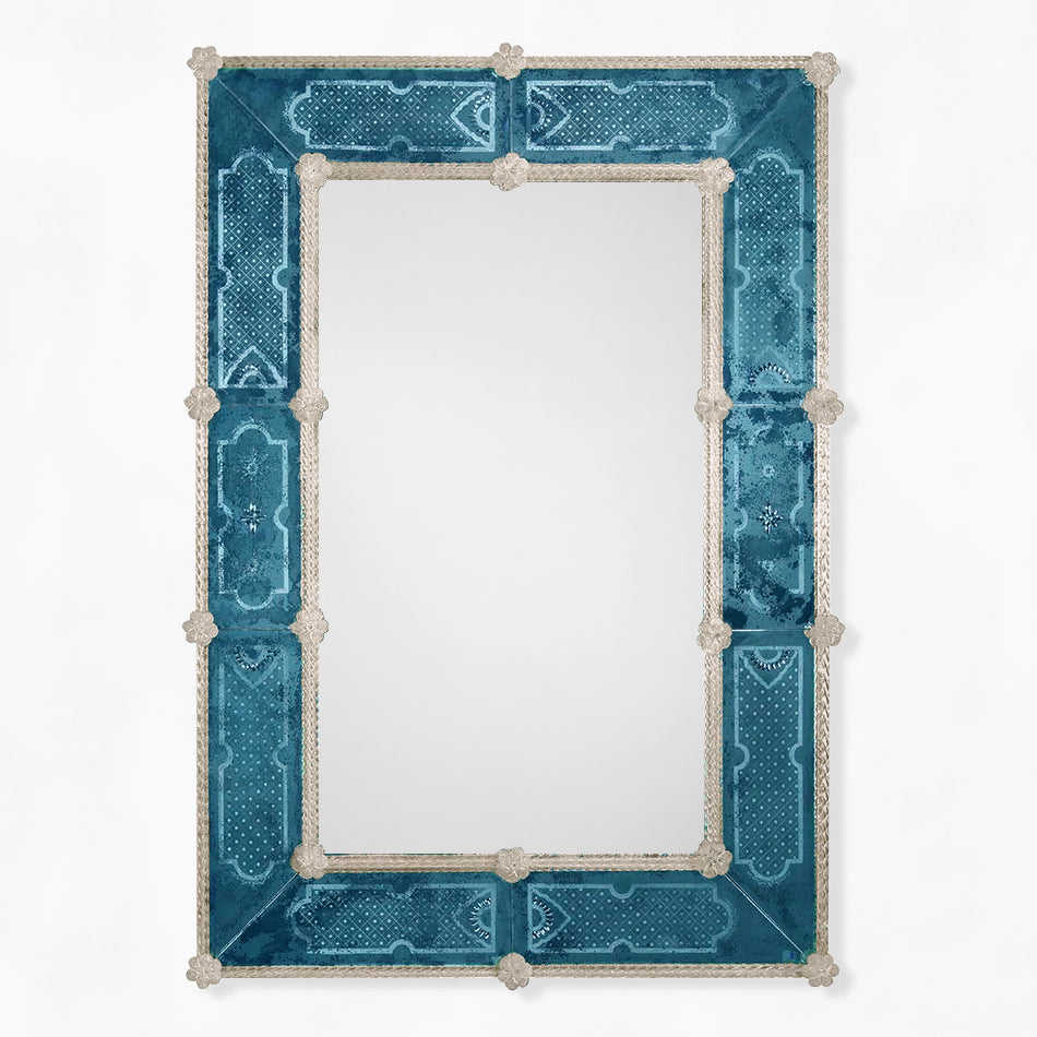 Blue rectangular Murano glass mirror with gray border.