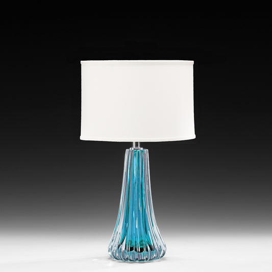 Aqua Venetian glass table lamp with polished nickel accent.