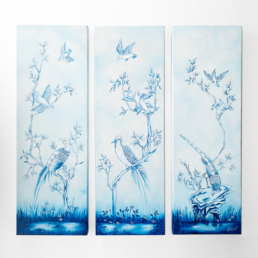 Blue and white Chinoiserie wall panels.