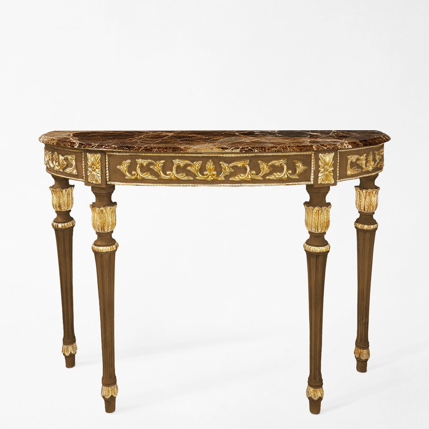 Traditional wood and gold Italian console table with brown marble top.