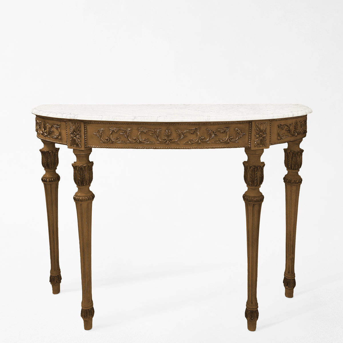 Traditional wood Italian console table with white marble top.