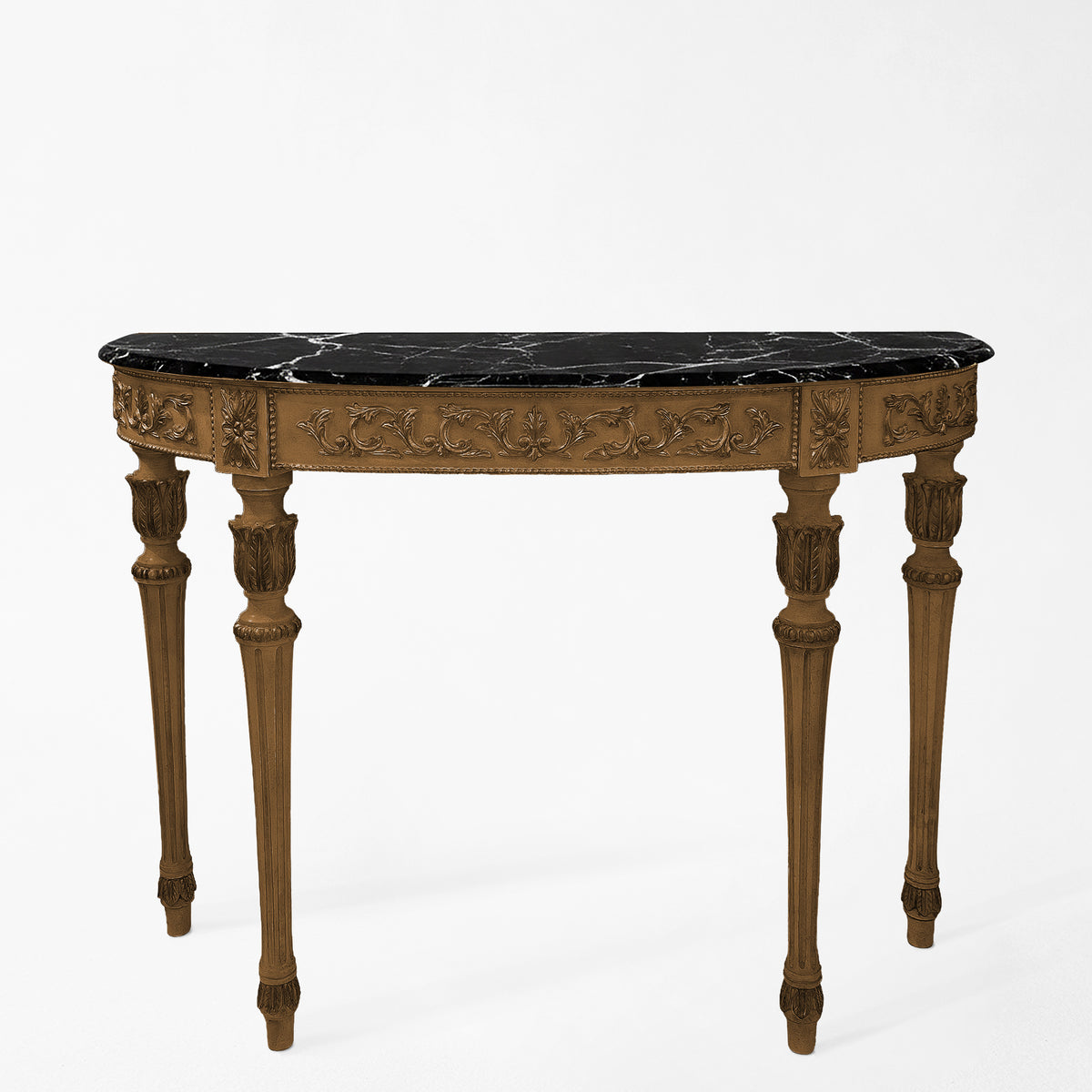 Traditional Italian console table with black marble top.