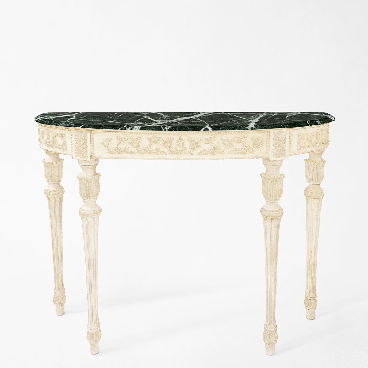 Traditional white Italian console table with green Verde Alpi marble top.