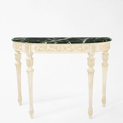 Traditional white Italian console table with green Verde Alpi marble top.