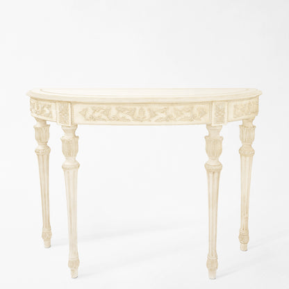 Traditional carved wood white Italian console table.