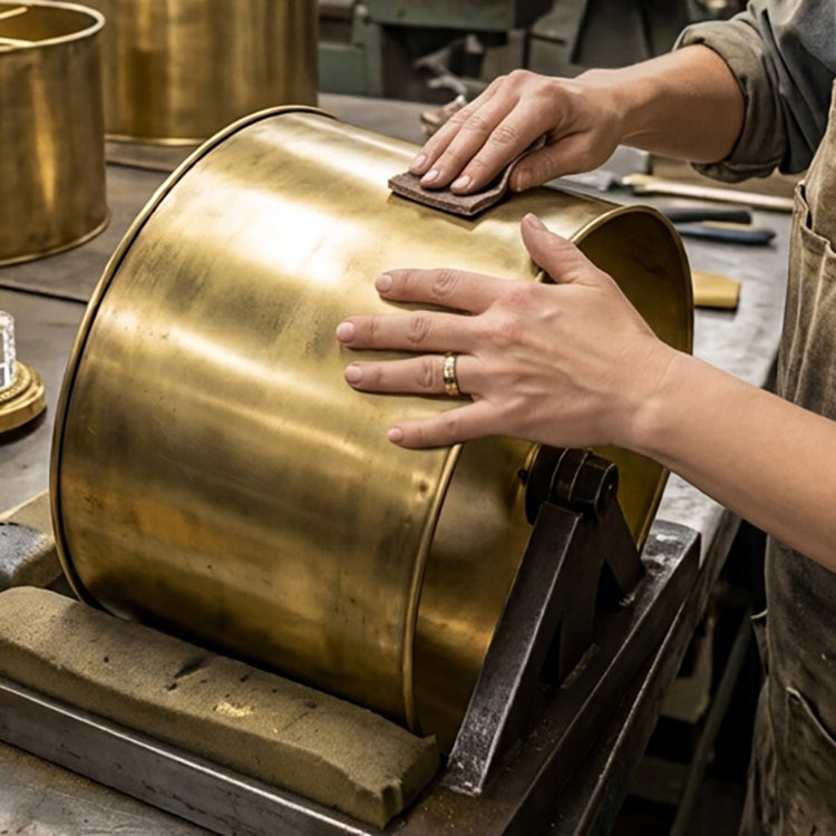 Woman making an antique brass lamp shade in a factory.