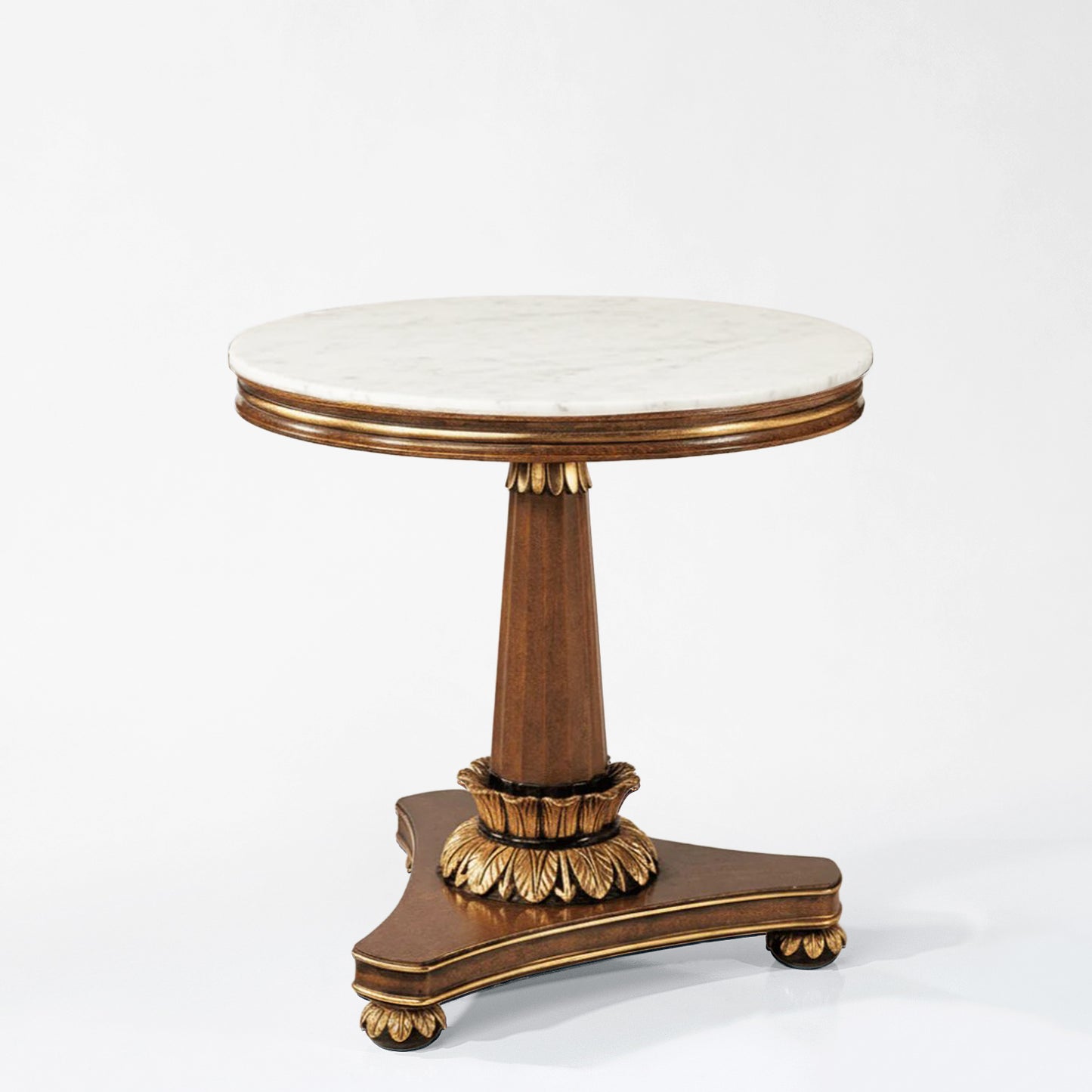 Brown and gold center table with white marble.