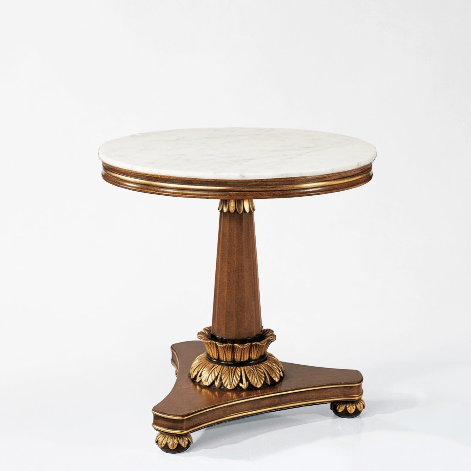 Brown and gold center table with white marble.