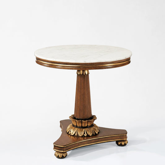 Brown and gold center table with white marble.