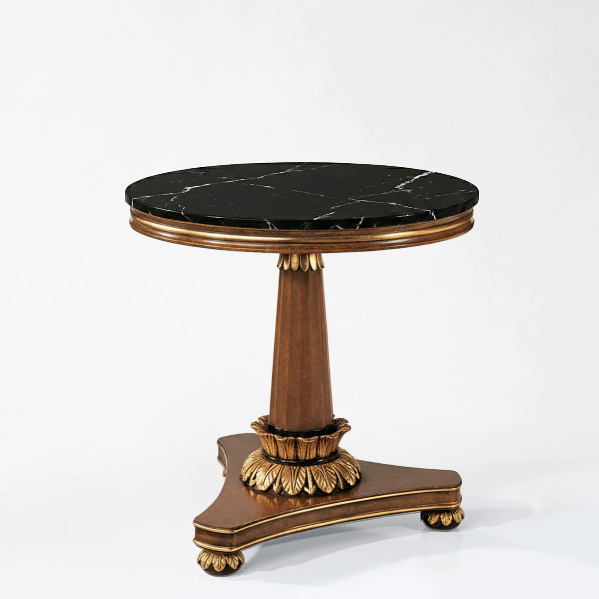 Traditional brown and gold Italian table with black Nero Marquina marble.
