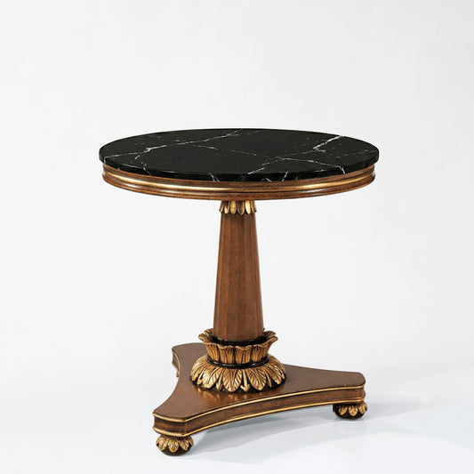 Traditional brown and gold Italian table with black Nero Marquina marble.