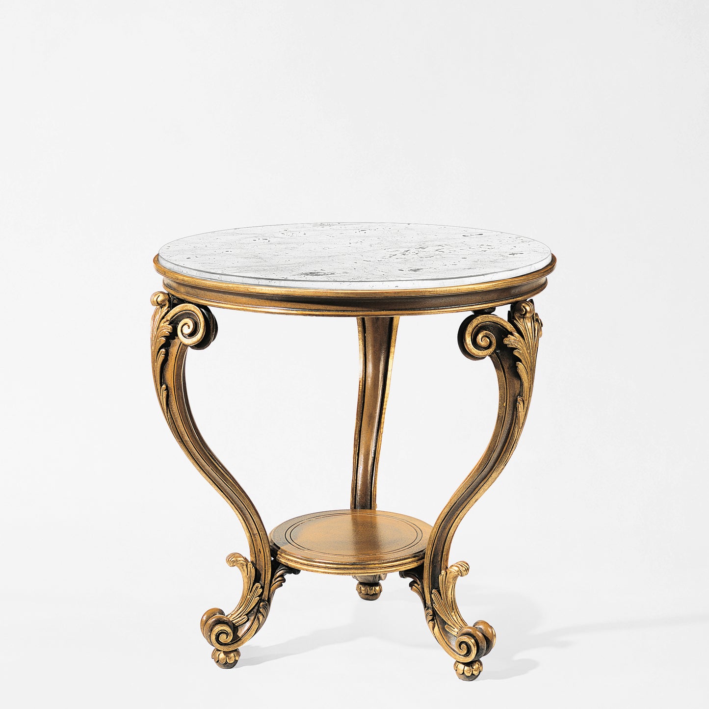 Brown and gold side table with white marble top.