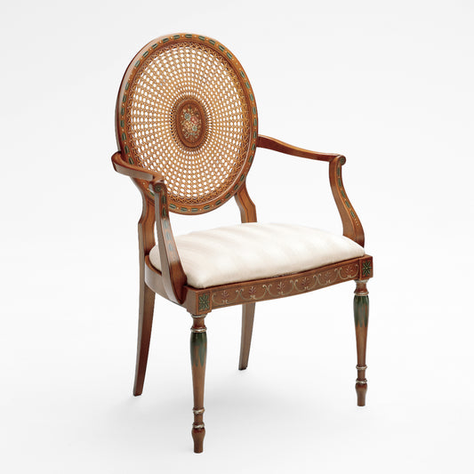 Traditional Italian brown wood chair with cane back.