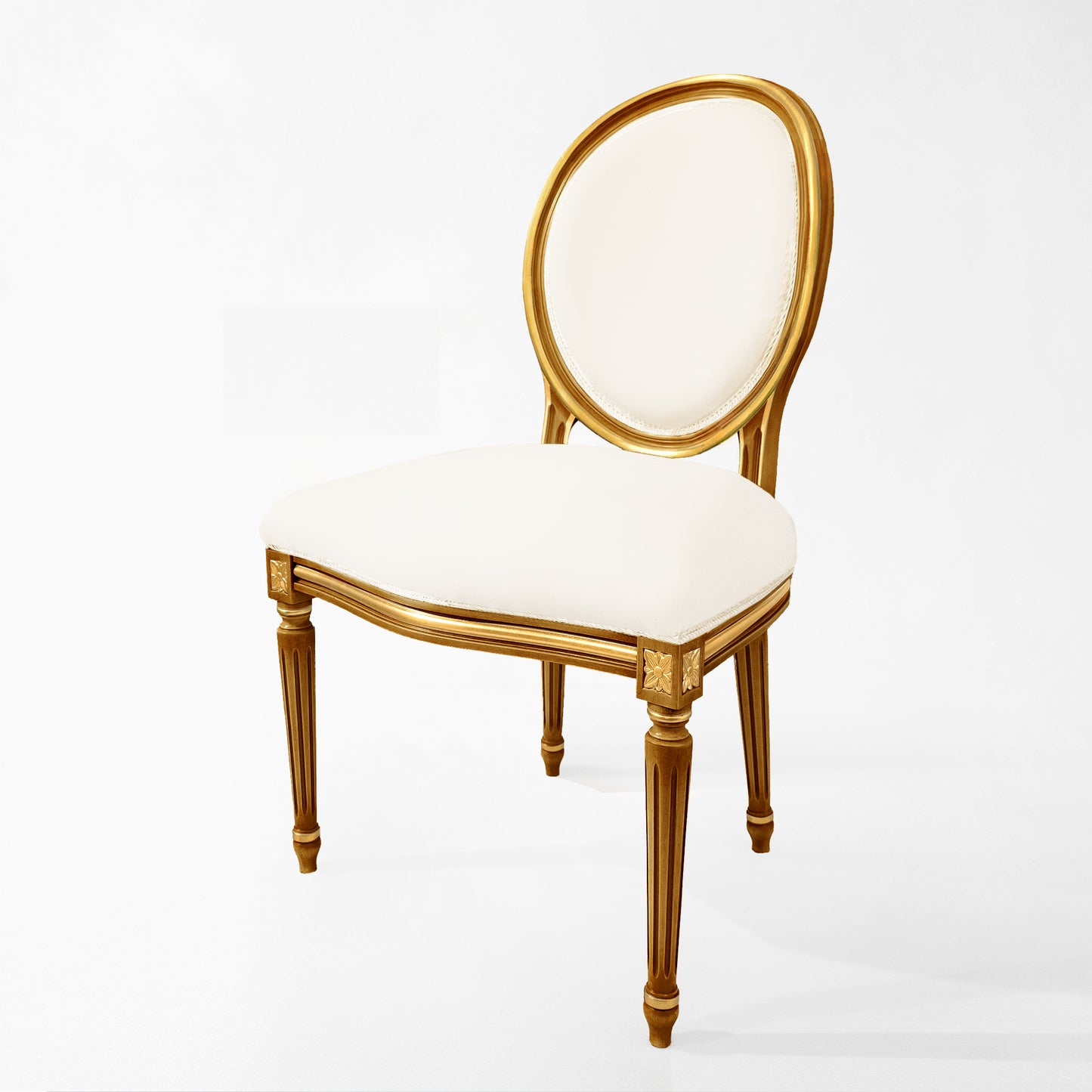 Carved wood Italian chair with cream fabric.