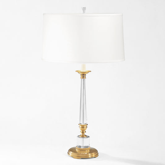 Crystal and brass table lamp with white linen shade.