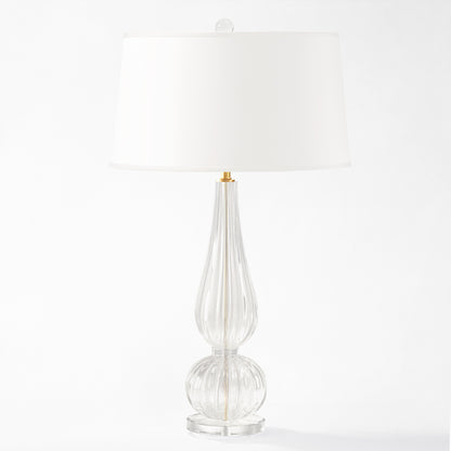 Clear Murano glass lamp with white shade.