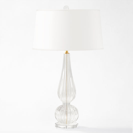 Clear Murano glass lamp with white shade.