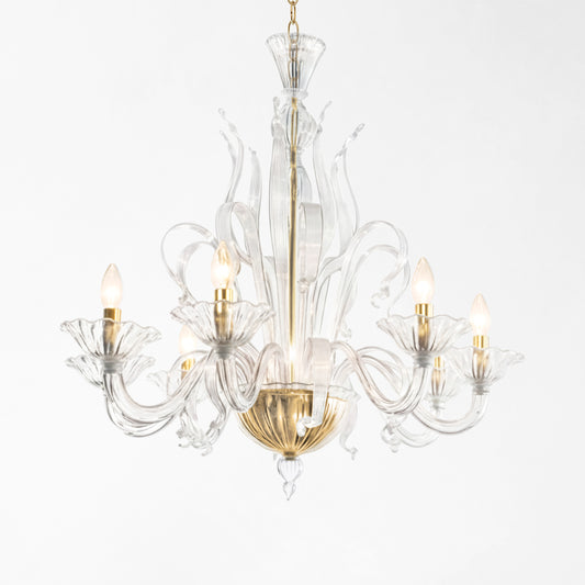 Clear Murano glass chandelier with gold hardware.