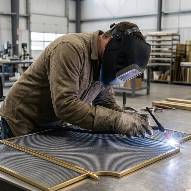 An Italian factory worker welding a brass fireplace screen.