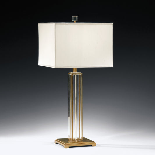 Crystal and antique brass table lamp with modern square shade.