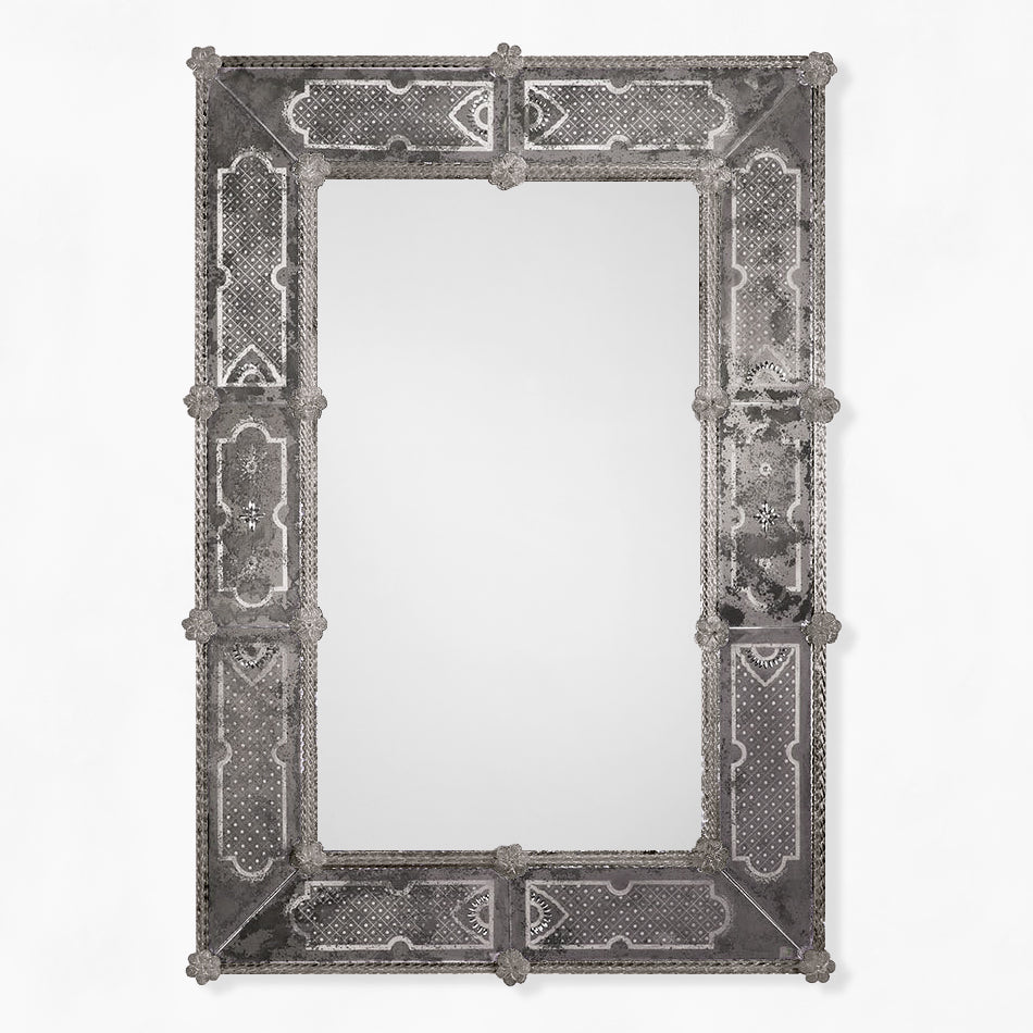 Dark gray ornate Murano glass mirror.