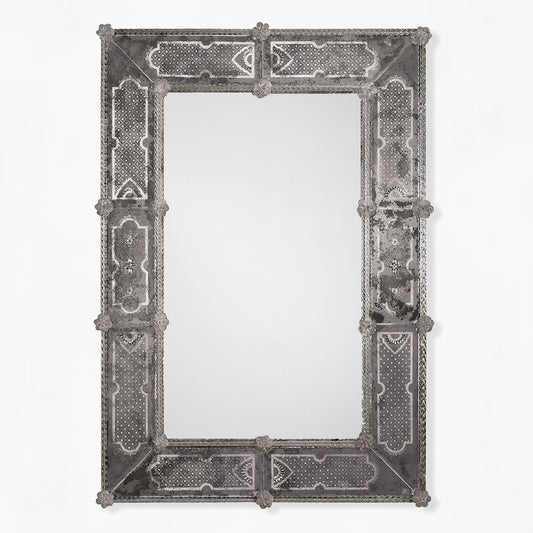 Dark gray ornate Murano glass mirror.