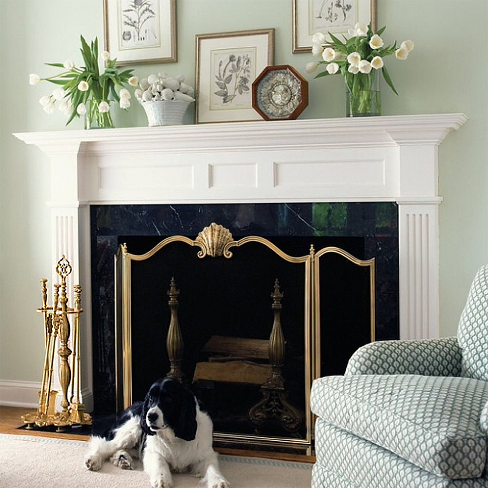 Brass fireplace screen in luxurious living room.