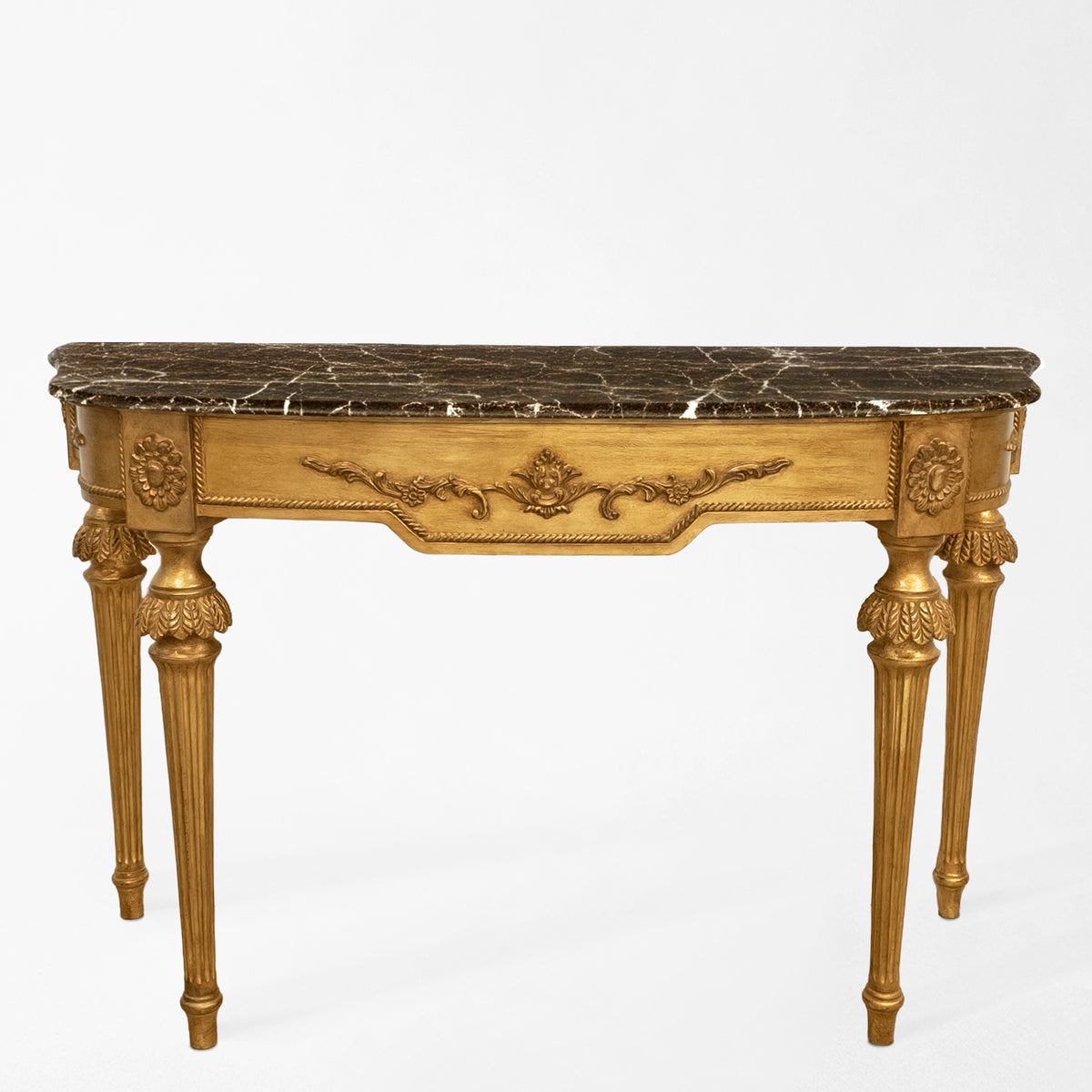 Traditional Italian console with brown Emperador marble top.