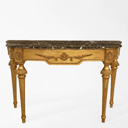 Traditional Italian console with brown Emperador marble top.