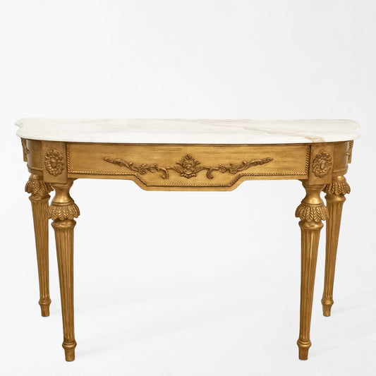 Antique gold Italian console table with white marble top.