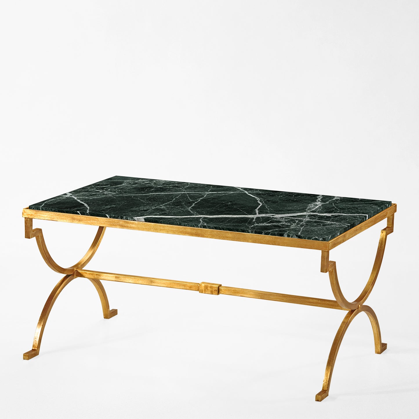 Gold coffee table with green Verde Alpi marble top.