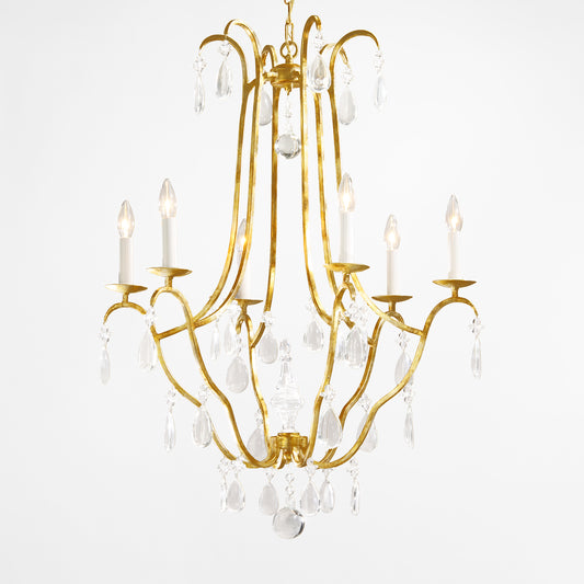 Gold leaf Italian chandelier with crystals.