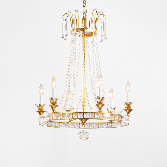 Italian gold leaf chandelier with crystals.