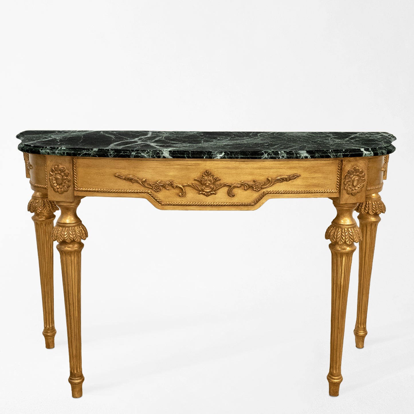 Gold Italian console table with green Verde Alpi marble top.