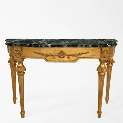 Gold Italian console table with green Verde Alpi marble top.